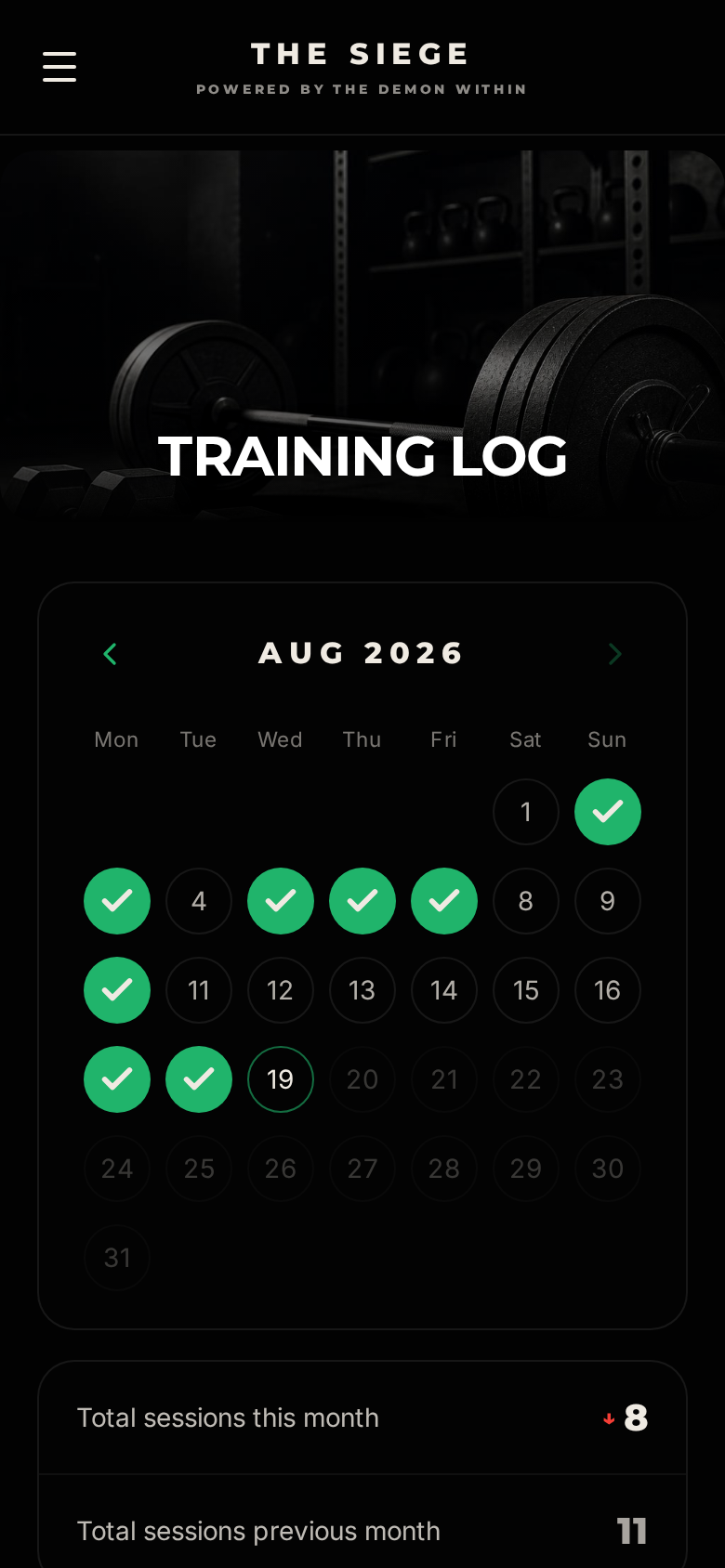 Training log inside the app