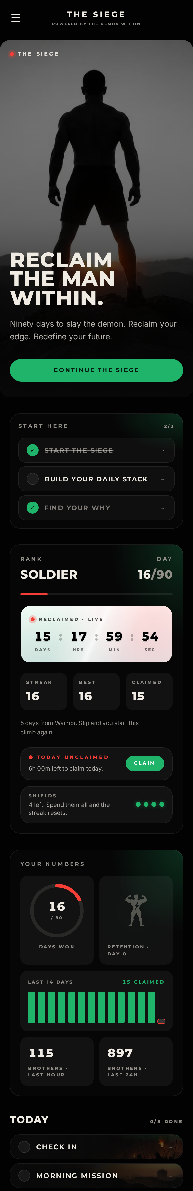 The Demon Within home screen — rank, live counter, daily rituals